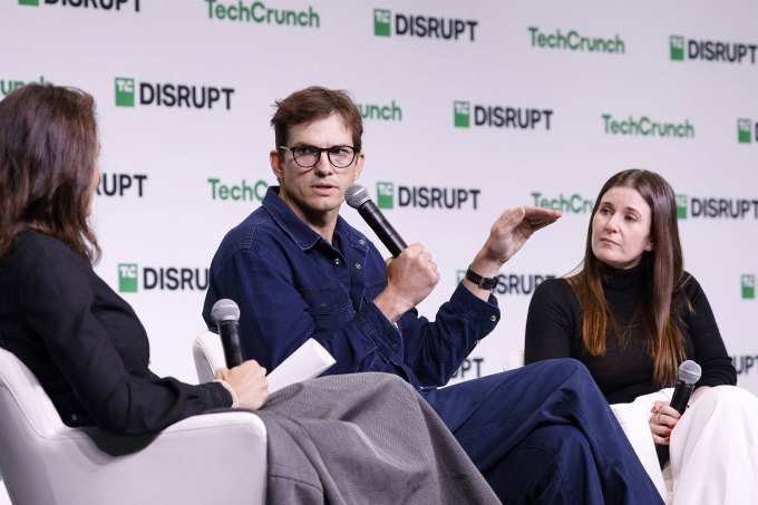 San Francisco, California - 29 October: (LR) Ashton Kutcher and Epsie Epstein speak on stage during Techcrunch Disruptt 2024 Day 2 at the Moscone Center on 29 October 2024 in San Francisco, California. (Photo of Kimberly White/Getty Images for Techcrunch)